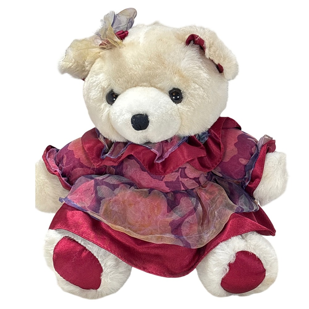 Vintage Dan Dee Teddy Bear Burgundy Floral Dress Plush Collectors Choice 10in